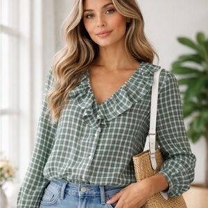 Ann Taylor Shimmer multicolor Plaid Ruffle button down Blouse Size XS fishermen